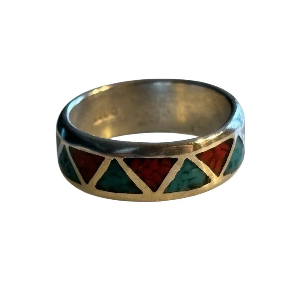 Navajo Chip Inlay Ring 925 Silver Turquoise‎ & Coral Ted Ott Size 7.5 Vintage